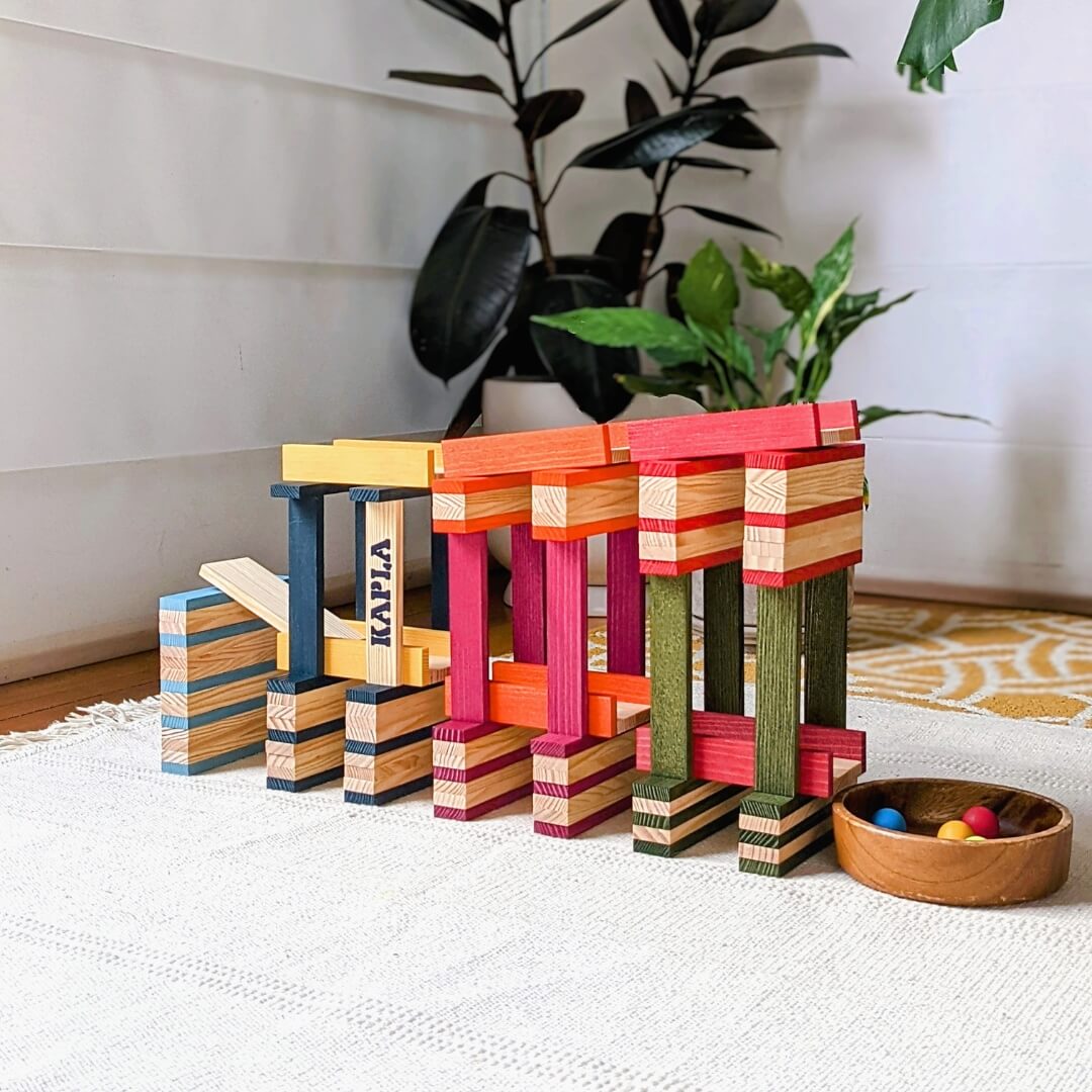 Marble run created with KAPLA wooden building planks from Wooden Playroom in Australia
