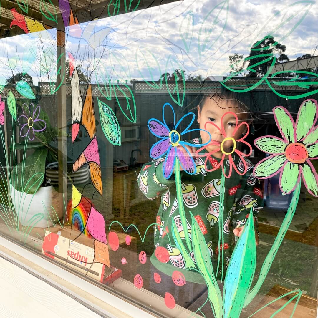 Window murals using Kitpas art crayons, distributed in Australia by Wooden Playroom