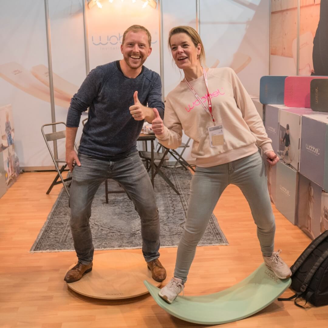Wobbel at the Nuremberg Spielwarenmesse with Simon from Oskar's Wooden Ark and Wooden Playroom