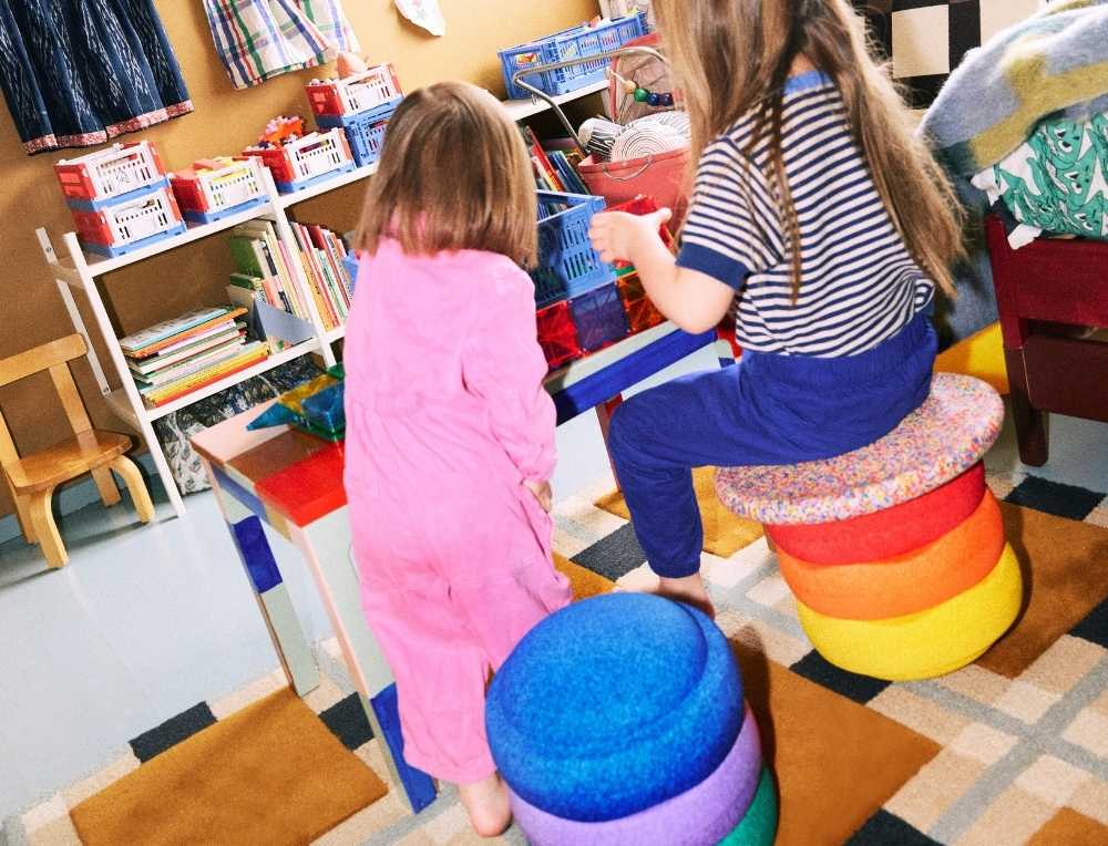 Children using Stapelstein as modular chair system at Wooden Playroom in Australia