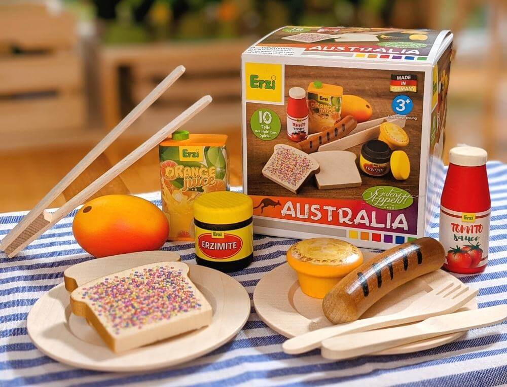 Erzi wooden play food assortments, distributed in Australia by Wooden Playroom