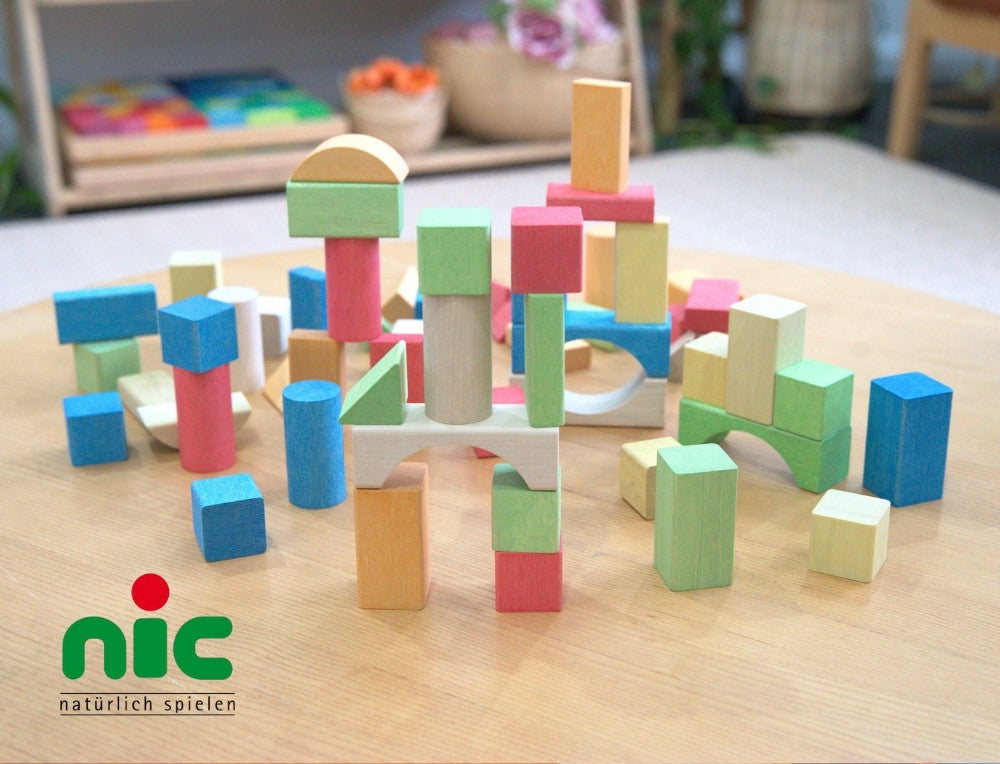 Colourful Nic Toys wooden building blocks distributed by Wooden Playroom in Australia