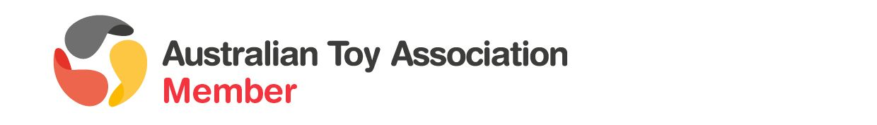 Australian Toy Association Member logo with a stylized abstract emblem in gray, red, and yellow on a white background.