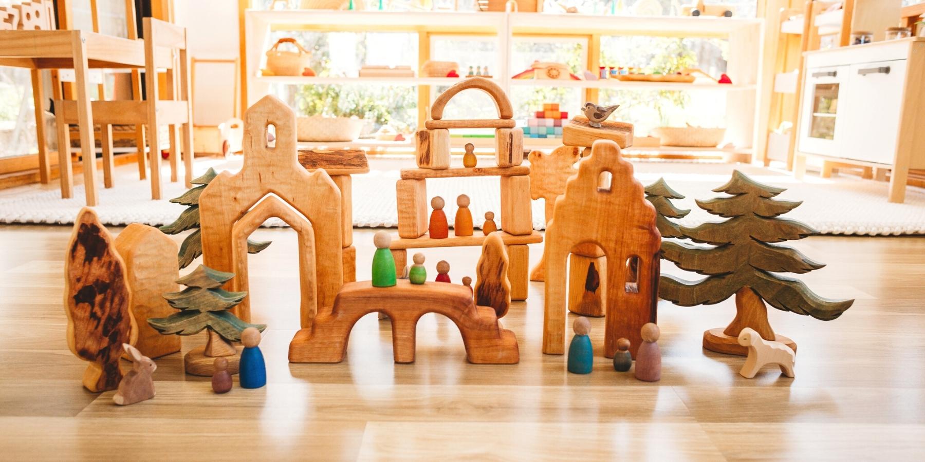 Wooden toy small world created with Bikeho wooden toys