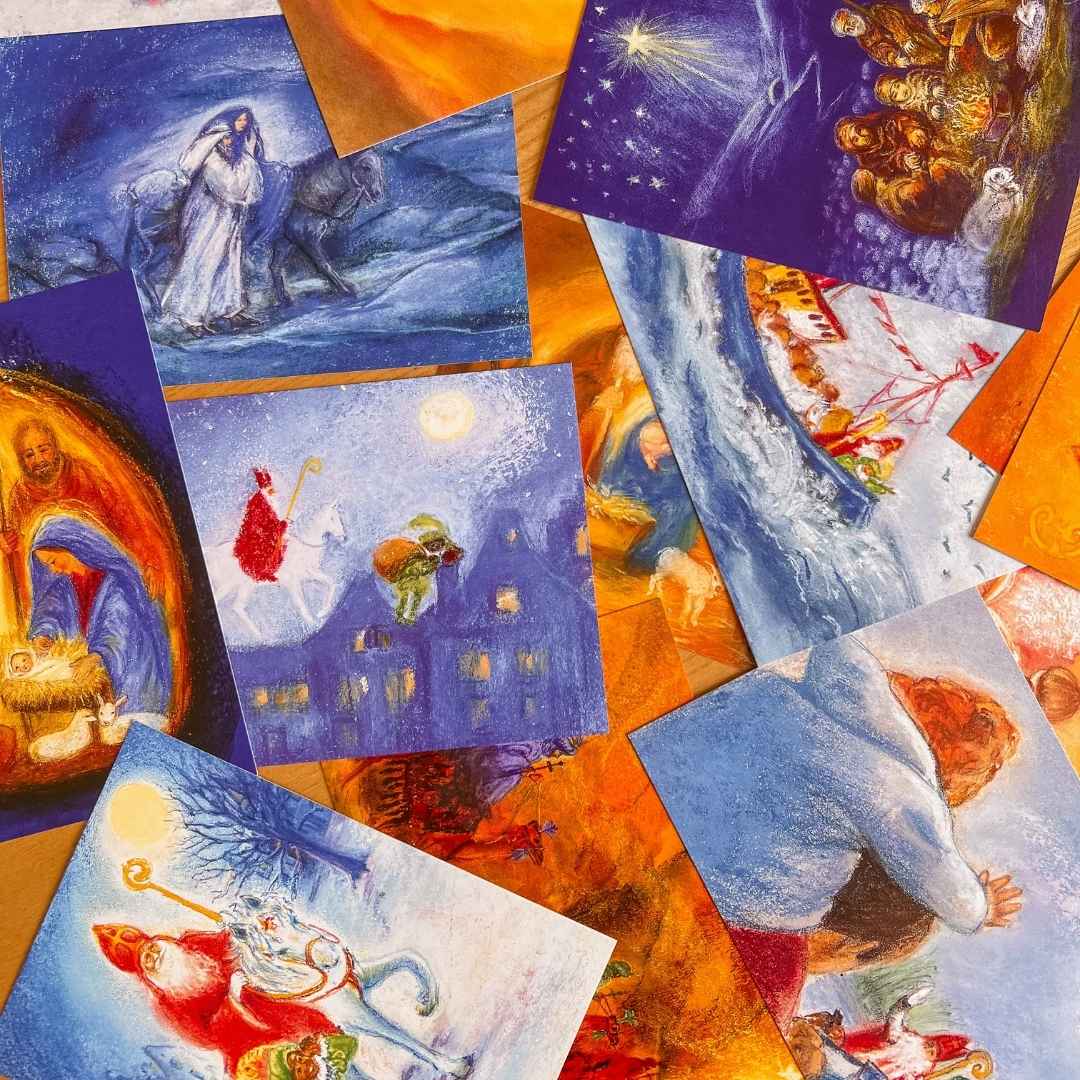 A selection of Christmas-themed art cards at Wooden Playroom Australia