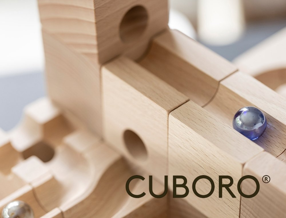 Close-up of a Cuboro Marble Run set 