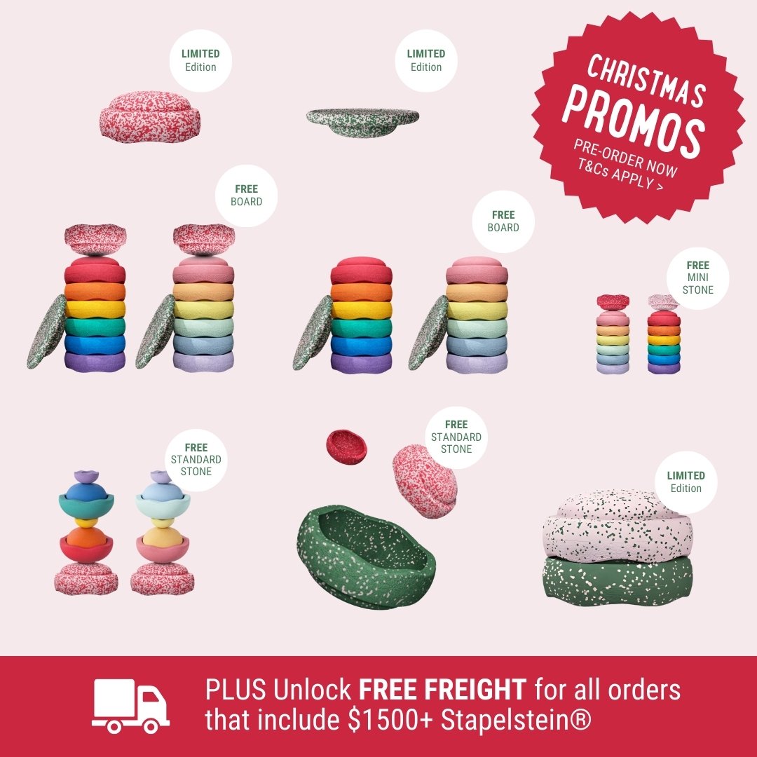 Colorful toy stacks with promotional text on a light pink background