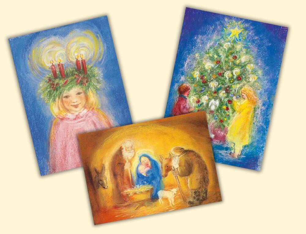 Three Christmas-themed cards featuring a child with candles, a nativity scene, and a decorated tree.