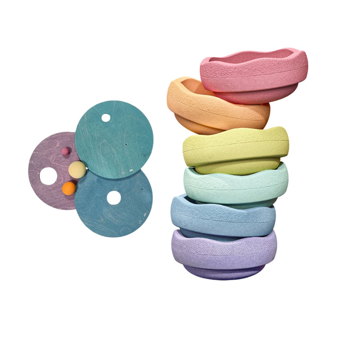 Grimm's x Stapelstein Set, Including 6 Original Stepping Stones, 3 Discs and 3 Balls in Rainbow Pastel from Australia