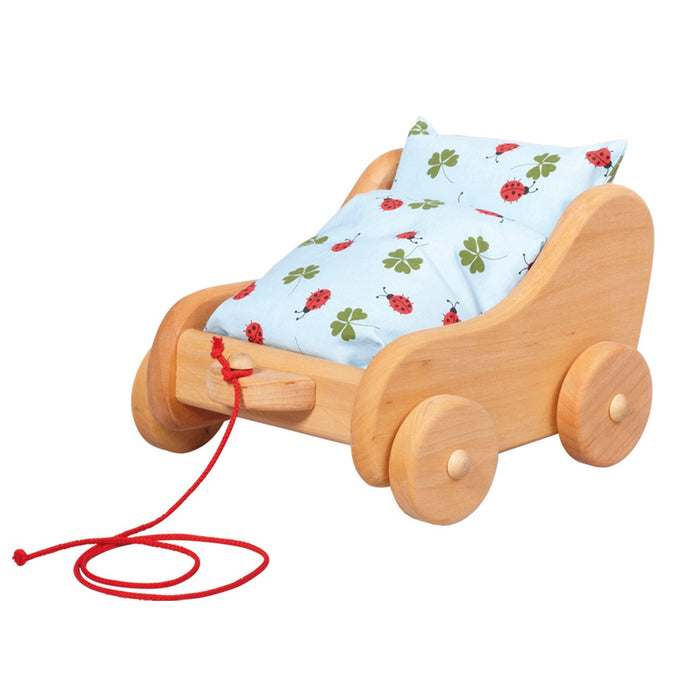 70421915 Gluckskafer Children's Wooden Tow Around Doll Pram / Trolley - small w bedding