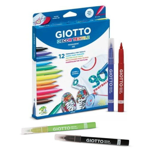 F494900 GIOTTO Decor Textile Felt Tip Pens Hangable Cardboard Box - Permanent Ink, 12 Colours