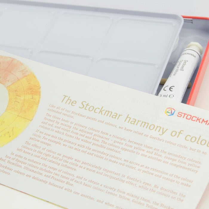 85046000 Stockmar Watercolour Paint Set in Tin 12 Opaque Colours, White, Brush + Mixing Palette