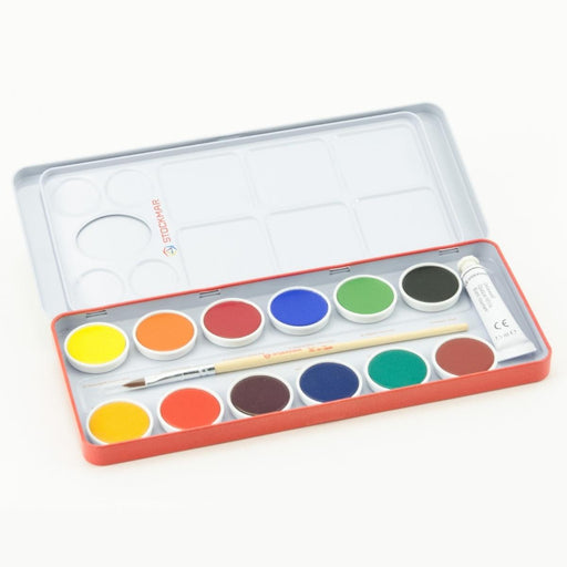 85046000 Stockmar Watercolour Paint Set in Tin 12 Opaque Colours, White, Brush + Mixing Palette