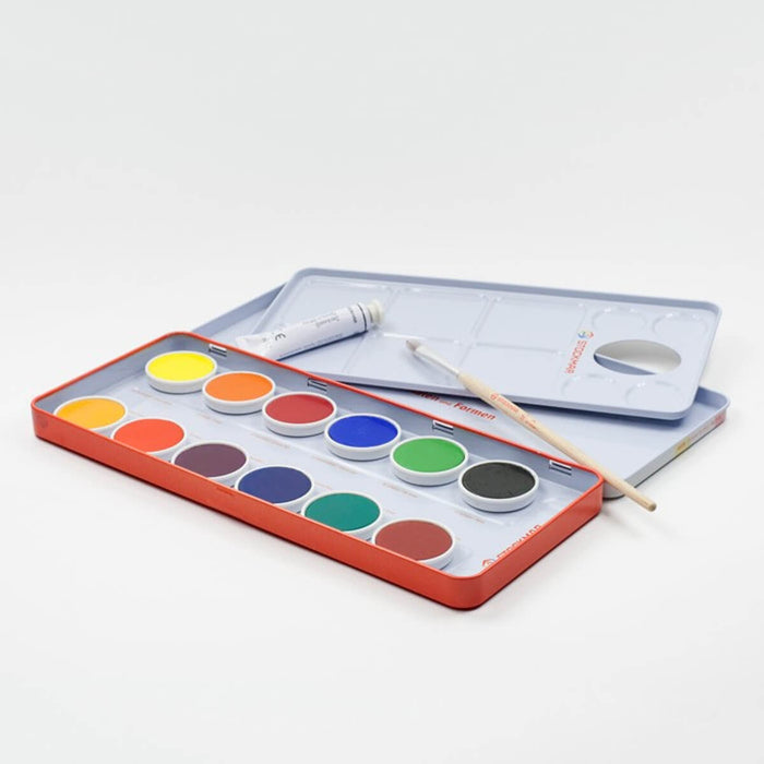 85046000 Stockmar Watercolour Paint Set in Tin 12 Opaque Colours, White, Brush + Mixing Palette